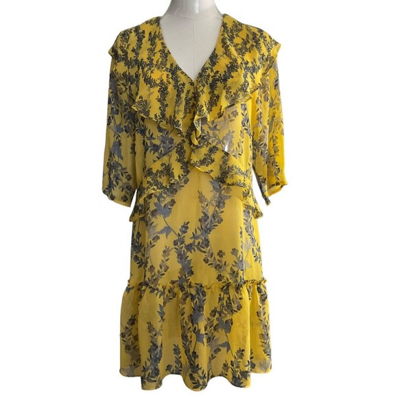 BCBGMAXAZRIA XXS Yellow Dress Floral V-Neck Ruffle Tiered Hemline Polyester - Picture 1 of 12